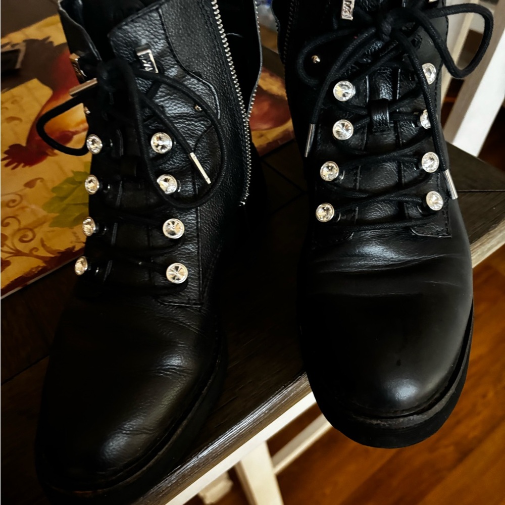 Michael akors Black Leather Lace-Up Boots with Silver Accents